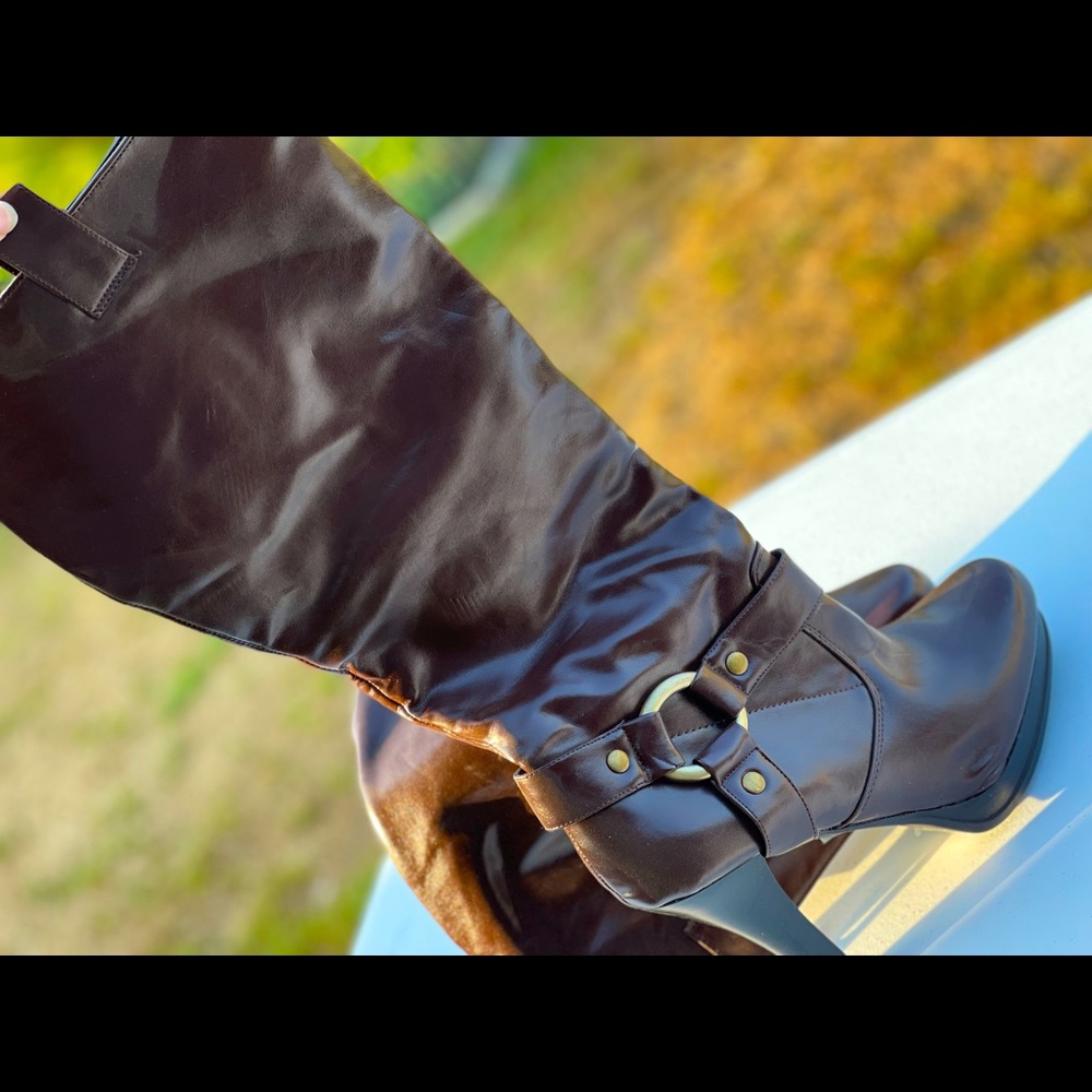 Brown below knee heel boots